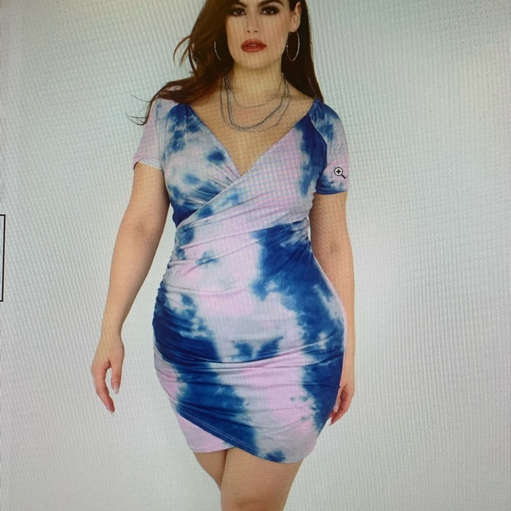 Rebdolls faux wrap tie dye dress dark blue